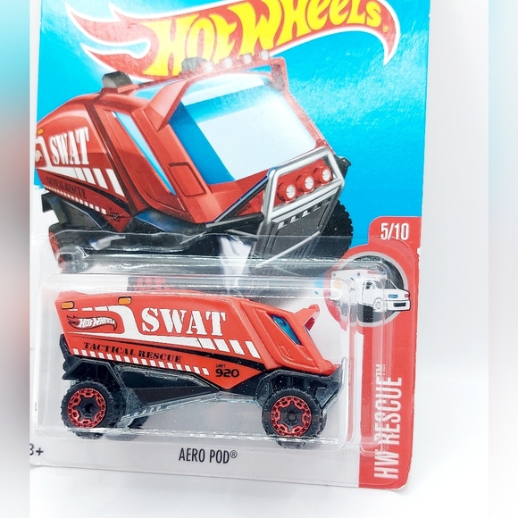 2017 Hot Wheels #162 HW Rescue-SWAT 5/10 AERO POD Red w/red Beadloc Rim wheels - Picture 2 of 3